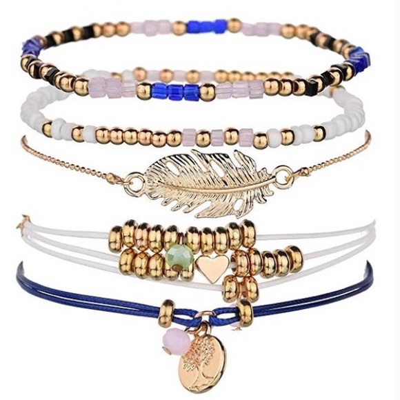 Leaf/Heart/Bead/Tree of Life Bracelets 5PC Set - Picture 7 of 8